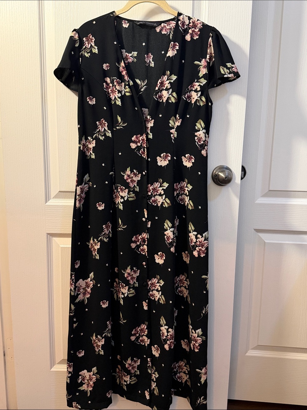 Zara Black Maxi Dress with Pink Floral Pattern